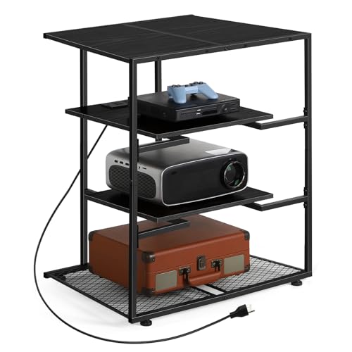 OYEAL 4-Tier AV Media Stand with Power Strips, Media Console Shelf, Audio Rack Tower Corner Entertainment Center Perfect for DVD Players, Game Console, TV Box, Wi-Fi Router, Rustic Black