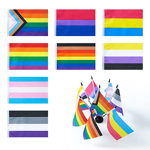 Fwiw Rainbow Pride Flag Set Rainbow Desk Flag Small Mini Gay Lgbt Office Table Flags With Stand Base,Rainbow Mardi Gras Themed Party Decorations #TOP1