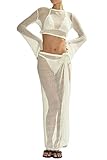 LANNEW Women's Swimsuits Cover Ups Set for Crochet Bathing Suit Hollow Out 2 Piece Bikini Coverup Beach Swimwear White
