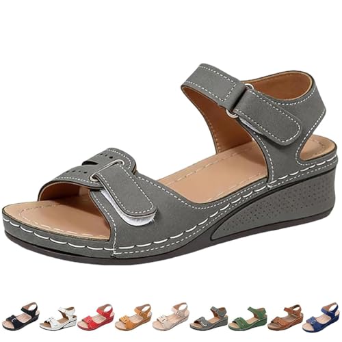 Women Orthopedic Comfort Flex Sandals - Adjustable Straps Platform Wedge Round Head Sandals with Arch Support (Gray,23.0 cm) [���s