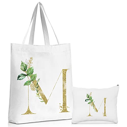 イニシャル キャンバストートバッグ ジッパー付き グリーン ボタニカル 教師 感謝 ギフトセット 女性 看護師 ブライドメイド 再利用可能 コスメ メイクアップバッグ モノグラム 卒業パーティー用品(M), M, M, /