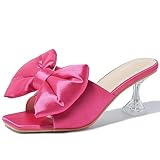 Heiyom Women's Bow Clear Heels Slippers Dress Sandals Square Toe Stiletto Mules Slip on Wedding Prom Shoes Hot Pink 45US11.5