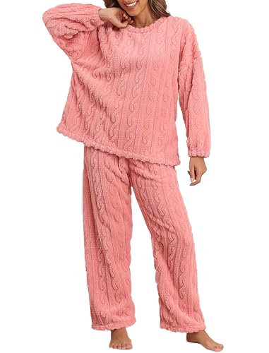 BAJAOEY Pajamas for Women Sets Soft Comfy Fluffy Pajama Fleece Pullover Ribbed Pjs Warm Plush Lounge Sleepwear 2 Piece Pink S