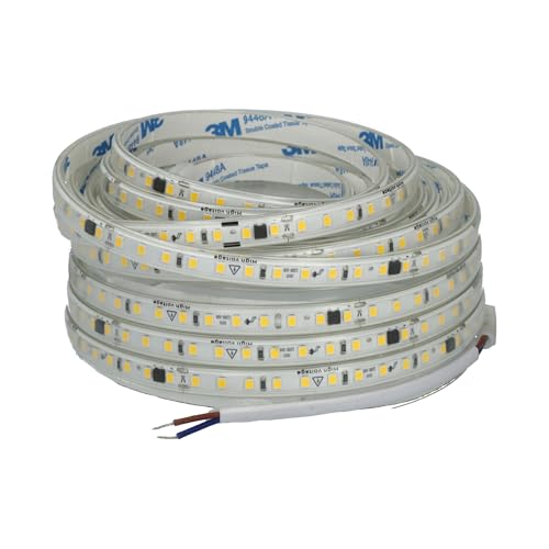 JANDEI - Ruban lumineux LED auto-rectifié, 220 V, 12 W/m, 600 LED, 5 500 lm, découpable et autocollant, largeur 10 mm, IP65, idéal éclairage et décoration extérieures, bobine de 5 m (lumière chaude