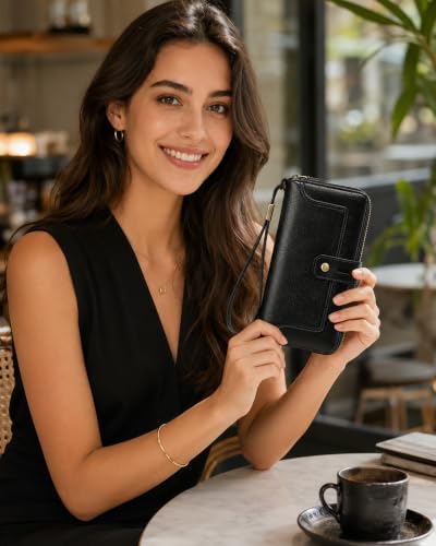 Image of Womens Wallet Rfid Blocking Bifold Leather Wristlet Cute Long Clutch Black | Large Capacity Card Holder Wallet Purse with Zipper,ID Window,Strap for Female Ladies Teen Girls