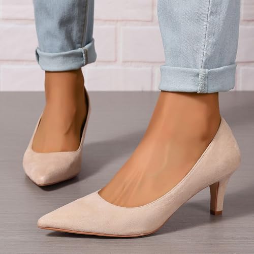 Women's Kitten Heels Dress Shoes Pointed Toe Suede Pumps Mid Heel Comfortable Slip On Party Dress Shoes3