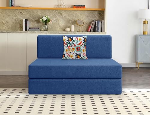 Image of Los Angeles Foldable One Seater Sofa Cum Bed, Sofa Bed 3 X 6 Feet Jute Fabric Washable Cover- Including Cushion Perfect for Living Room - Blue Color