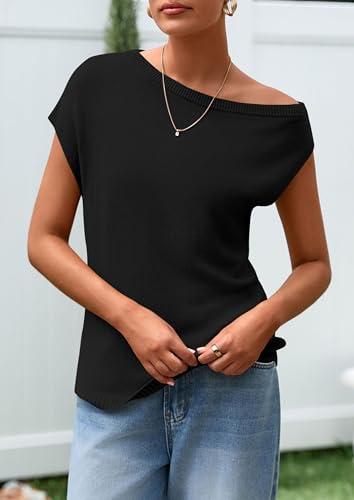 PRETTYGARDEN Womens Off The Shoulder Tops 2025 Summer Casual Short Sleeve Tunic T Shirts Lightweight Knit Sweaters4