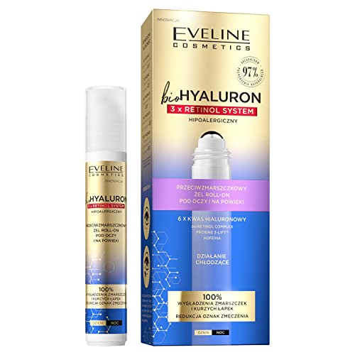EVELINE COSMETICS Biohyaluron 3x Retinol System Anti Wrinkle Roll On Gel for Lids Under Eye Area Reduces Crows Feet Vegan Formula 97% Natural Composition Night 15ml