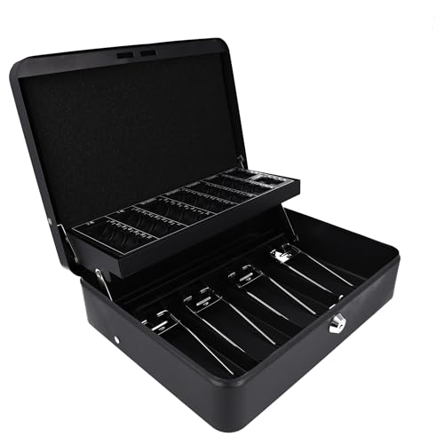 Westcott E 51003 E 51003   Caja de caudales con cerradura cilíndrica (con 2 llaves, 4 compartimentos para billetes y tabla de conteo de monedas, 30 cm), color negro