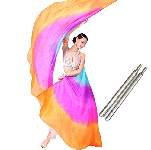 KIKIGOAL 100 % Seide Bauchtanz ISIS Flügel Schleier Fan mit Teleskopstab für Halloween Karneval Performance 1,4 x 2,7 cm (allmählich orange) Cover
