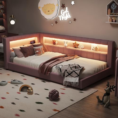 Corner Bed Frame with USB & LED,Twin XL Floor Linen Upholstered Tufted Platform Bed with Storage,Space Saving L-Shape Sofa Day Bed with Soft Headboard for Bedroom Nook Living Room,Easy Assembly,Pink