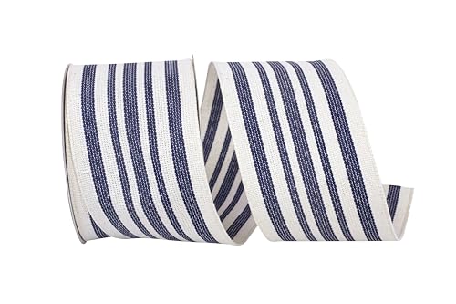 Ribbon - Denim Stripe Hopsack Woven Wired Edge Rd, Natural/Blue, 2-1/2 Inch, 10 Yards