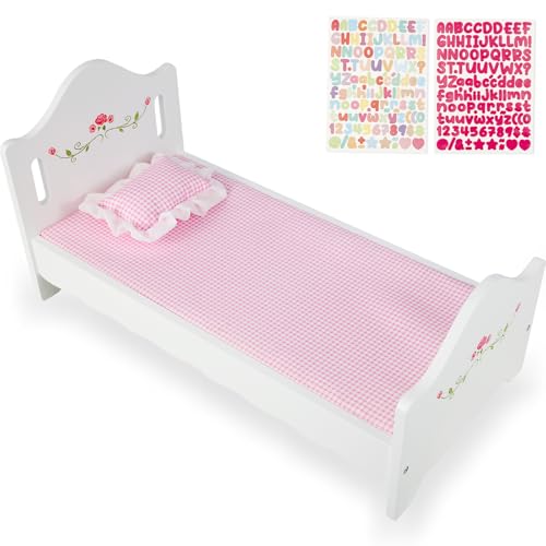 PHOKID Wooden Baby Doll Crib Set Baby Doll Bed Toys for 18 Inch Dolls with Bedding and Canopy Baby Doll Furniture Accessories