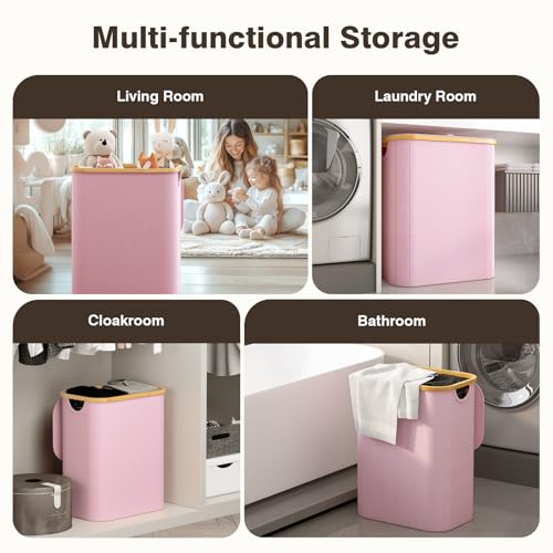 Hampers for Laundry Basket with Lid, 160L Extra Large 3 Section Clothes Divided Organizer for Bedroom, Laundry Room, Dirty Clothing Hamper, Pink