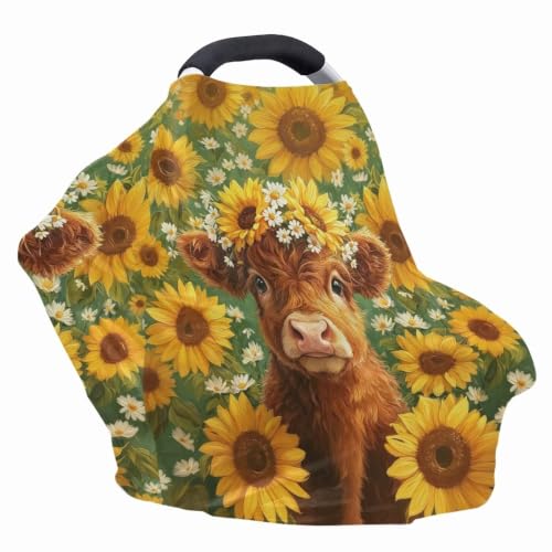 Image of Wanyint Stretchy Baby Car Seat Cover Nursing Breastfeeding Shopping Cart High Chair Stroller Covers Infinity Scarf Car Seat Canopies, Highland Cow Sunflower Green