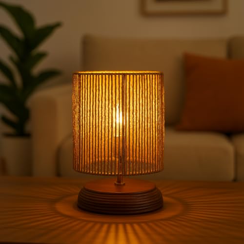 Ikari Homes Wood Boho Raffia Incandescent Table Lamp I Night Lamp for Bedroom Bedside & Center Table Lamp for Restaurant I Office Desk Lamp I I Home Decor Items I Size 21.5 x 12.9 cm, Brown