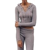 Womens Loungewear Set Ribbed Knit Outfits Long Sleeve, Zip Up Hooded High Waist Wide Leg Skinny Pants Set 2 Piece (as1, alpha, l, regular, regular, Grey)