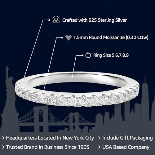 Gem Stone King Stackable White Moissanites Half Eternity Wedding Band Ring For Women | 925 Sterling Silver | 0.30 Cttw | Available in Size 5,6,7,8,9 | Fine Jewelry Gifts for Her Mom Women Wife2