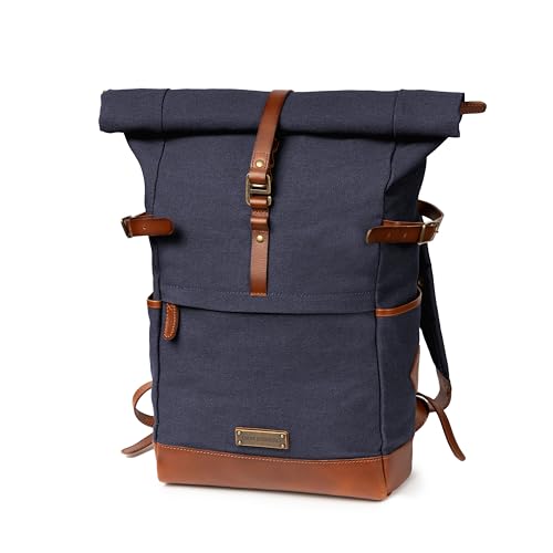 Sac à dos en toile et cuir vintage homme femme, grand sac ordinateur portable rolltop
