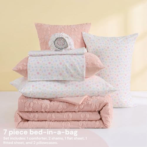 Image of BLOOMHAVEN Queen Comforter Set for Girls - 7 Pieces Pink Dasiy Bed in a Bag