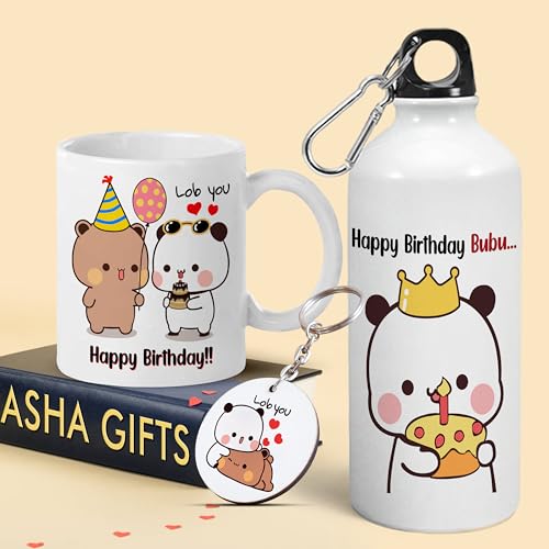 Image of Bubu Dudu Love Gift for Birthday /Anniversary Sipper Water Bottle Aluminium with Coffee Mug, Wooden Keychain Combo Pack MSK-4