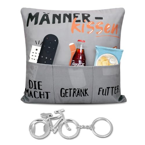 KbouZgxa 45x45 cm Lustige Dekokissen Kissen Die Macht und Snacks Männerkissen mit Taschen für Bier Männer Kissenbezug mit Fahrrad-Flaschenöffner für Papa Geschenk Geburtstag Vatertag