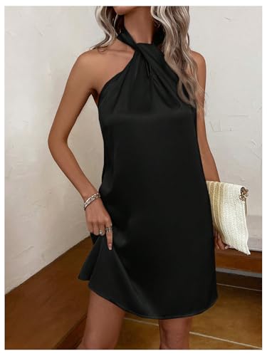 Image of Floerns Women's Pearl Beaded Halter Twist Sleeveless Tie Back Dress A Line Dress