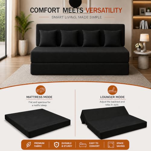 Image of Four Seater Sofa Cum Bed 6x6 Ft with Soft Foam Cushioning, Comfortable Foldable Sofa Bed for Living Room, Bedroom, Guest Room & Office(Black)
