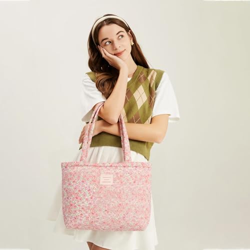 Image of Floral Quilted Cotton Shoulder Bag for Women Medium Size Handbag Large Capacity Thickened Design Tote
