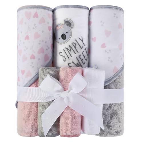 Image of Softan Baby Hooded Towels and Washcloths Set 6 Pack, 28x28 Ultra Soft & Absorbent Baby Bath Towels for Newborn Infant Toddler, Unisex Boys Girls (Pink Heart & Grey Koala)