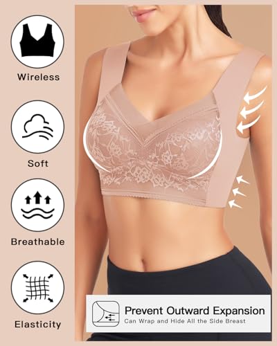 Image of WOWENY Seamless Lace Bras for Women Wirefree Comfortable Mesh Padded Soft Back Smoothing Bra