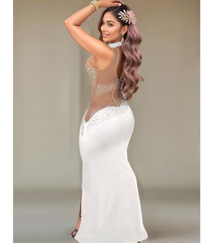 Image of Jigfar Women Sexy Elegant Rhinestone Mesh See Through Party Club Night Split Bodycon Formal Maxi Dress