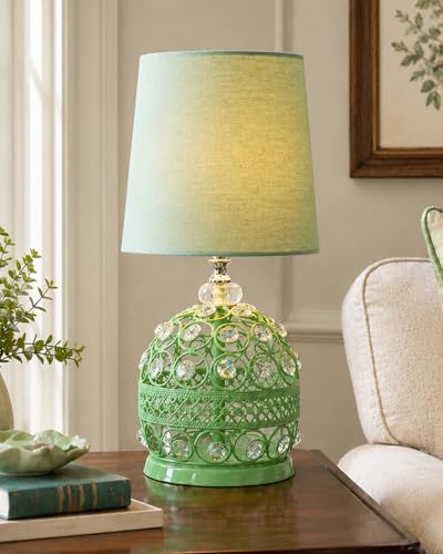 Image of Homesake Modern Small Crystal Table Lamp, Contemporary Bedroom Bedside Nightstand Lamp, Morden Minimalist, Desk Globe Lamp for Living Room Girls Kids Room, Fabric Shade (Green)