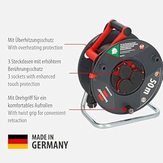 Brennenstuhl Garant, Avvolgicavo per esterni, IP44, 50 m (Made in Germany, 3 prese di sicurezza con migliore protezione touch, plastica speciale)