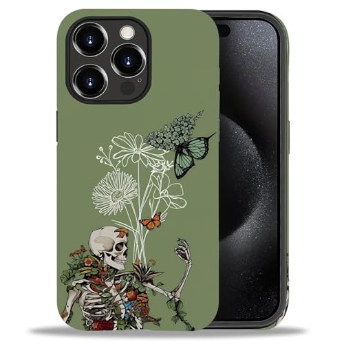 Coque iPhone 15 Pro motif tête de mort vert silicone liquide pour le quotidien