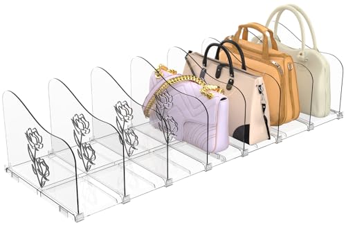2 Stück verstellbarer Handtaschentrenner für Kleiderschrank transparenter Schrank-Organizer mit 4 schiebbaren Trennwänden und Rosenmuster für Handtaschen Clutches Tragetaschen Büro Schlafzimmer