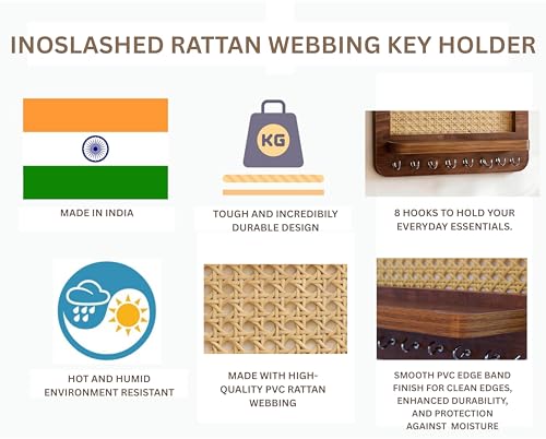 Image of InoSlashed Engineered Wood Key Holder for Home | Wall Stylish Key Stand | Key Chain Holders for Wall | Key Hanger | Rattan Webbing Key Holder | 8 Hooks (Rattan)