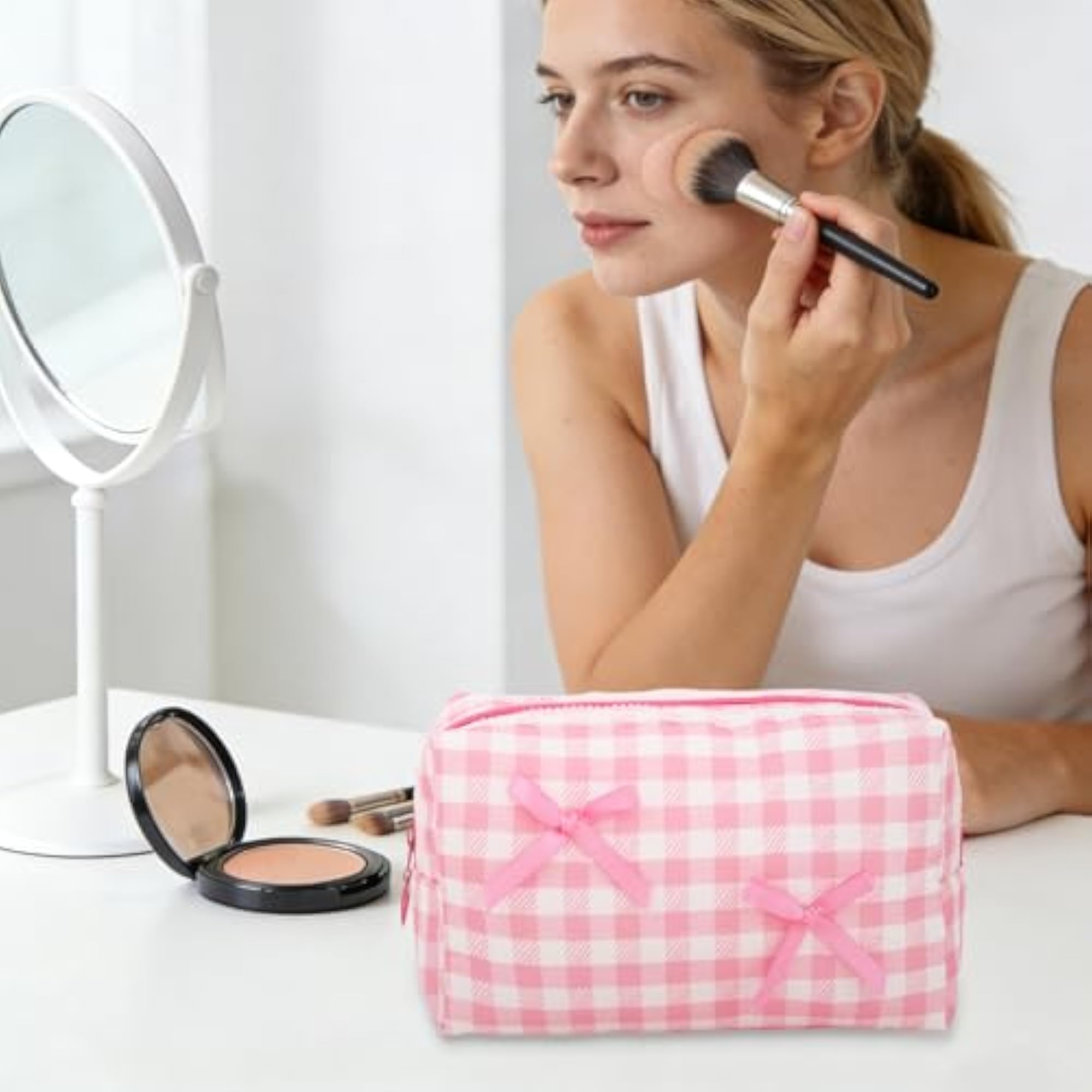 Pink Gingham Quilted Cosmetic Bag, Cute Toiletry Organizer