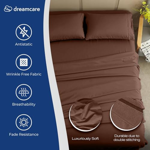 Image of DREAMCARE Full Size Sheets - Cooling Sheets - 4pcs Set - up to 15 inch Deep Pocket Full Sheet Set - Sheets Full Size Bed - Soft & Long Lasting 100% Fine Brushed Polyester with Side Pocket - Mocha Brown