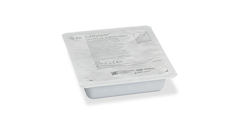 BD SafetyGlide Allergy Syringe Tray, 1 mL, 27 G x 3/8 in. Permanently Attached Needle (intradermal Bevel) #303330 (25 Count)