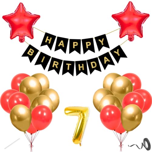 Image of Flyloons 7th Happy Birthday Decoration Kit Red Gold for Boys Girls Kids Twins Men Women With 20 Pcs Chrome Balloons Birthday Banner 2 Pcs Star Items Set