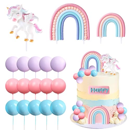 Decoracion Tarta Unicornio, 18 Piezas Cake Topper Cumpleaños Niña, Lindo Topper Tarta Unicornio Arcoiris para Niñas Fiestas Temáticas Dedecorativas (Pastel-A)