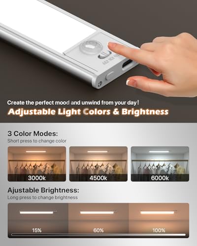 Image of Under Cabinet Lighting, 108LED Rechargeable Motion Sensor Cabinet Light 11.8Inch, 3 Color Temps Dimmable Magnetic Closet Lights, Wireless Under Cabinet Lights for Kitchen, Hallway - 2Pack