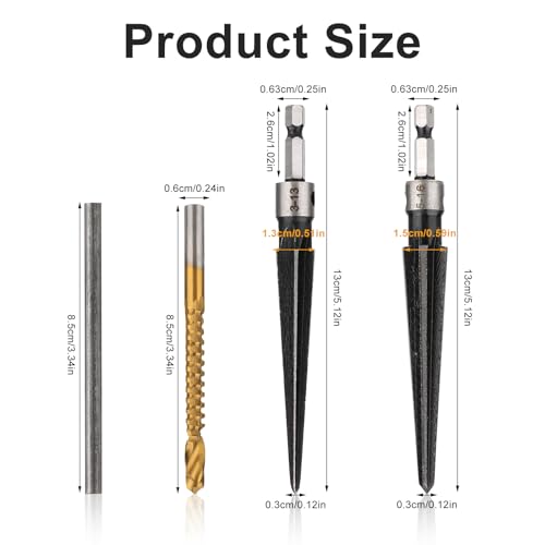 Nqeuepn 1002938 5Pcs Tapered Reamer Tool Set, 3-13Mm (1/8''-1/2'') & 5-16Mm(1/2"-5/8") Bridge Pin Hole Hand Reamer Tool Detachable T-Handle Tapered Reamer For Guitars Wood Plastic Pvc Pipes Cutting thumb #1