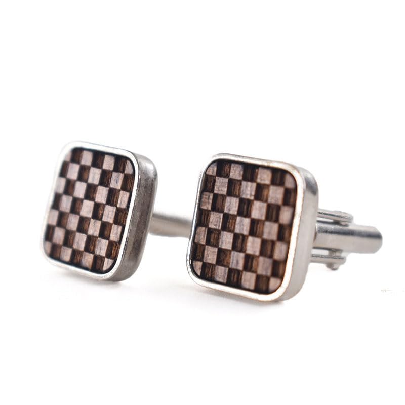Mens Rounded Square Black Walnut Wood Carved Plaid French Cufflinks,16 * 16mm,2pcs Pack