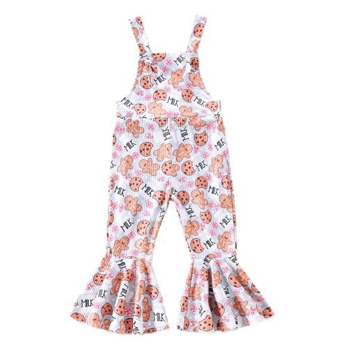 Kayotuas Toddler Baby Girl Christmas Outfit Candy Cane Bow Print Jumpsuit Overalls Bell Bottom Pants Romper Christmas Clothes (White Gingerbread Man Candy Cane 12-18 Months)