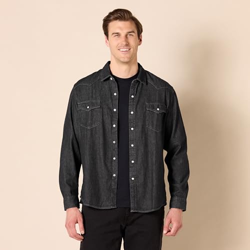 Image of Amazon Essentials Men's Slim-Fit Long-Sleeve Denim Western Style Cotton Shirt with Snap Buttons, Lightweight