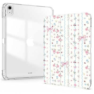 Idocolors Cute Case for 11 Inch iPad Air 2025 M3/iPad Air 2024 M2, Clear Acrylic Back Case with Pencil Holder, Detachable Mutil Angles Folding Y-Shaped Stand Cover, Floral Bunny