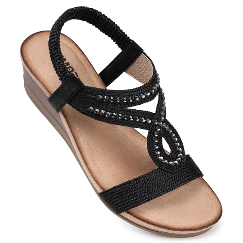 TEMOFON Wedge Sandals for Women Dressy: Low Wedge Sandals Women Comfortable Dressy Walking - Summer Casual Elastic Strappy Open Toe Rhinestone Shoes